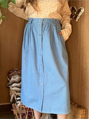 1970s/80s Vintage Koret City Blues Denim Midi Skirt | Size 10